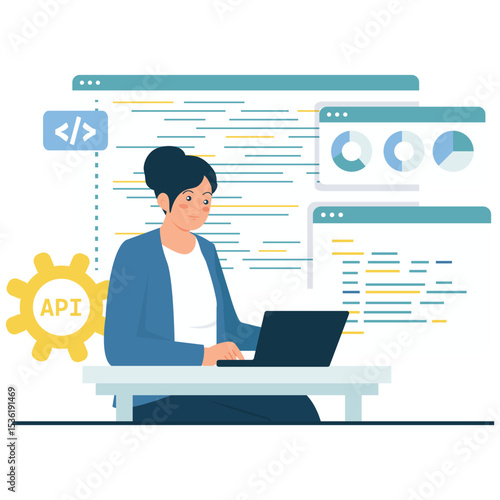 Software Development Illustration. Vector illustration of A female developer works with multiple code windows and API gear icon to integrate systems. Isolated on background