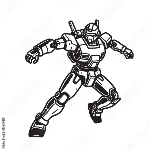 Dynamic black and white silhouette illustration of a futuristic mecha robot in an energetic action pose