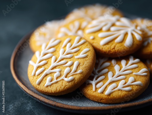 Stack of decorated, golden cookies with white icing.