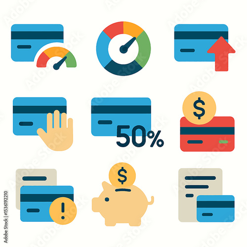 A collection of flat design icons representing various aspects of credit card transactions and financial management.
