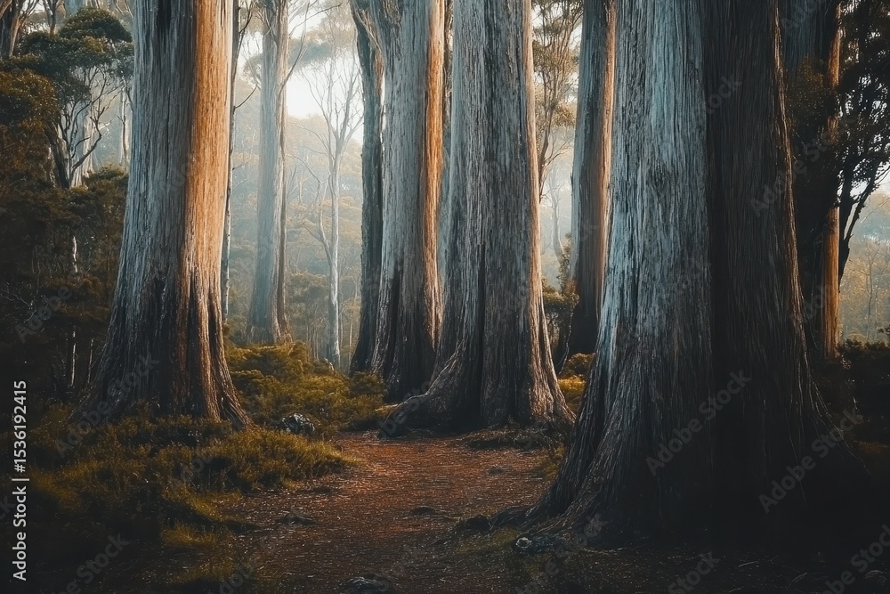Obraz premium Majestic old trees stand tall in the wilderness of Tasmania, Australia at dawn, Old big trees in Tasmania forest Australia wilderness nature