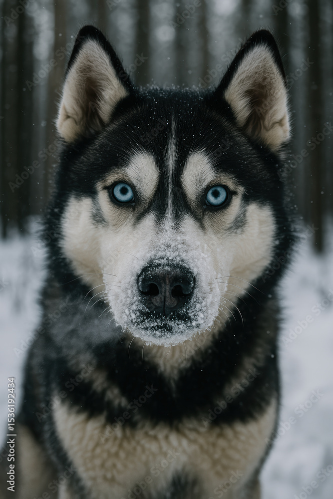Obraz premium Siberian husky with striking blue eyes standing in a snowy winter forest, alert and focused in the cold outdoors
