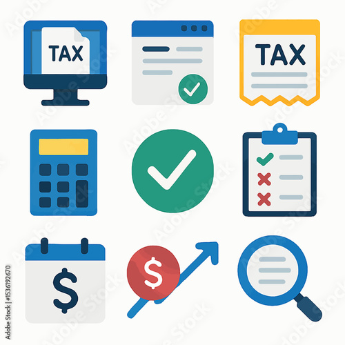 Tax preparation icons: computer, document, calculator, checklist, and financial growth symbols.