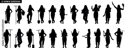 Collection of vector silhouettes of women doing gardening activities. Planting, watering, harvesting, and caring for plants in a minimalist and elegant style.