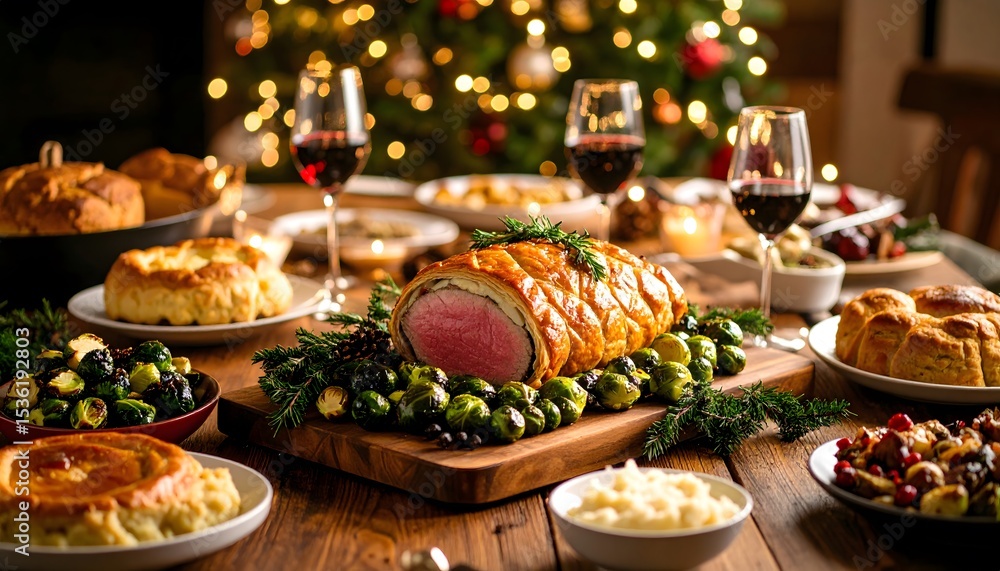 Beef Wellington on a rustic wooden board, paired with roasted Brussels sprouts and Yorkshire pudding, surrounded by festive decor and warm lighting — perfect holiday family feast setting.
Beef Wellington on a rustic wooden board, paired with roasted Brussels sprouts and Yorkshire pudding, surrounded by festive decor and warm lighting — perfect holiday family feast setting.