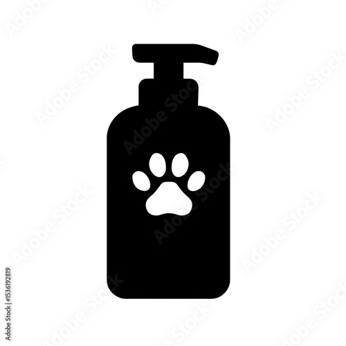 Pump bottle with paw print – represents pet shampoo or soap, solid icon