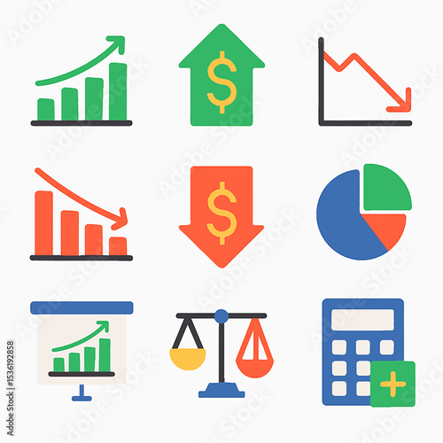 Colorful icons representing financial growth, decline, and economic concepts.