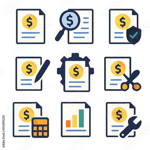 Collection of icons depicting financial documents with dollar symbols, including magnifying glass, shield, pen, gear, scissors, calculator, chart, and wrench.