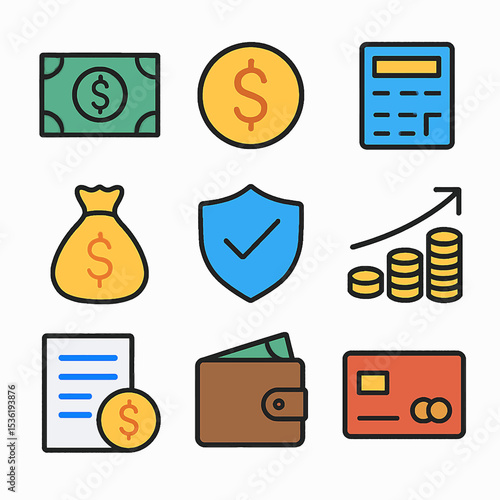 Colorful financial icons representing money, investment, and security concepts.