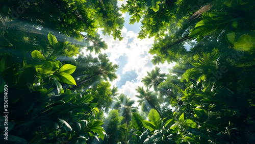 Looking up at a tropical forest canopy with sun rays