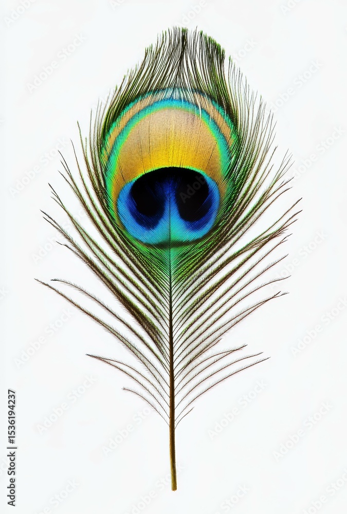 Obraz premium Vivid Peacock Feather Isolated on White Background A Stunning Detailed Closeup of a Single Peacock Feather showcasing its iridescent colors and intricate details.