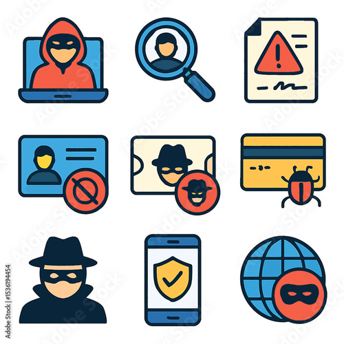 Collection of flat icons depicting various online security threats and vulnerabilities.