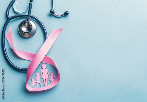 Stethoscope with a pink ribbon and family cutouts on a pastel background.