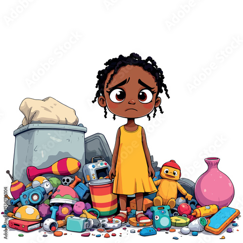 Vsai sad black girl standing near trash can and pile of old toys and damaged things