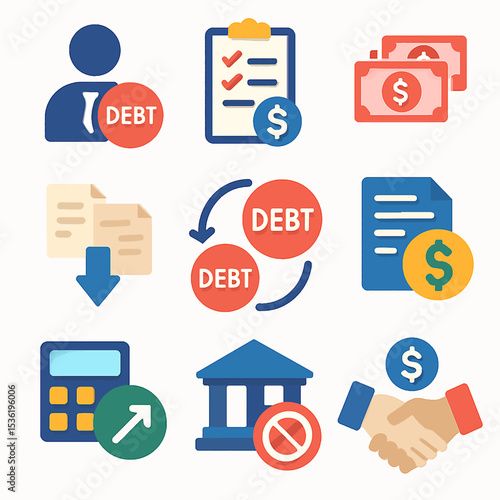 Colorful icons representing financial concepts, debt, and related transactions.