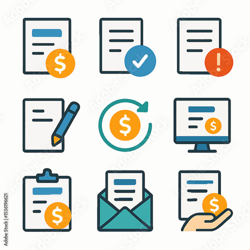 Collection of document icons, showing various financial and administrative processes.