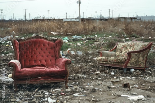 vintage couch and chair on the ground in garbage dump