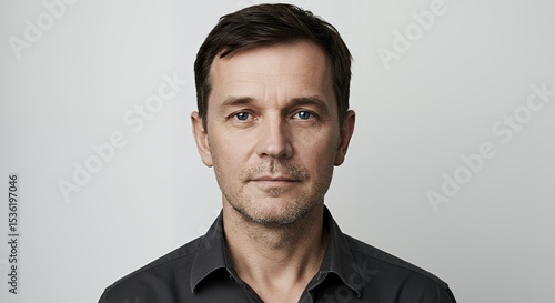 Portrait of a man with short brown hair, wearing a dark gray shirt, against a neutral background. Serious expression.