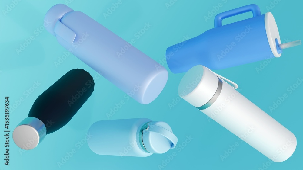 Fototapeta premium A 3d rendering of a collection various drinkware items or tumblr, all rendered in a monochromatic blue palette, an aesthetic theme.