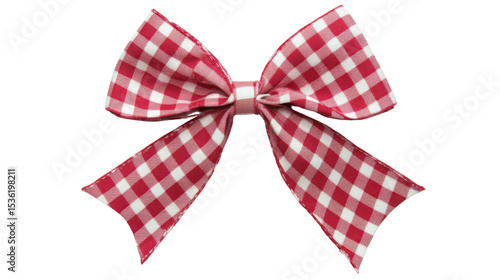 Red checkered ribbon bow on white background

