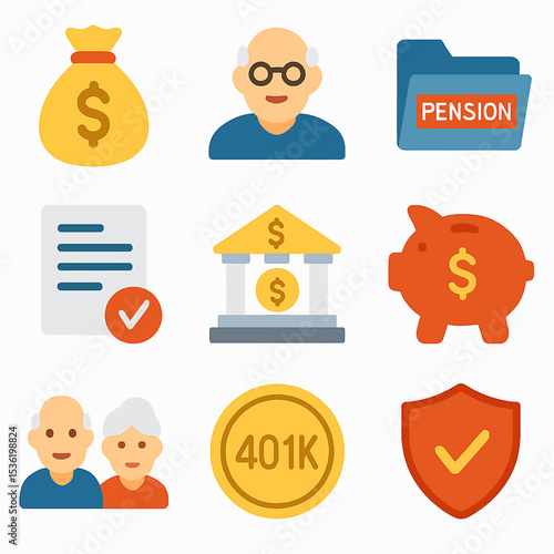 Collection of retirement planning icons including money bag, senior, pension folder, document, bank, piggy bank, elderly couple, 401k coin, and shield.