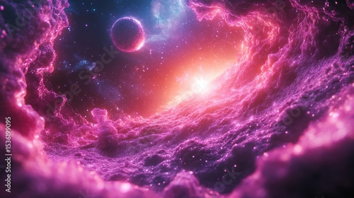 A neon galaxy filled with surreal glowing planets and ethereal energy 