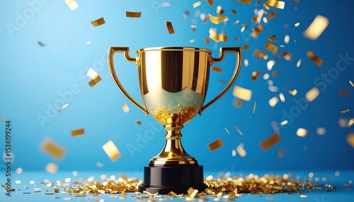 Wallpaper Mural Golden Trophy Cup with Falling Confetti on Blue Background  Achievement Concept. Torontodigital.ca