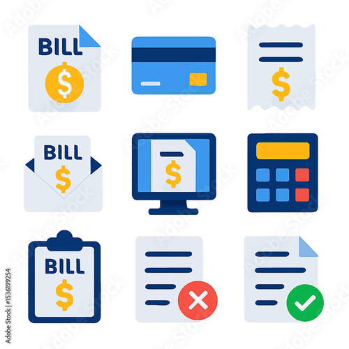 Nine flat-design icons depicting various financial transactions and billing processes.