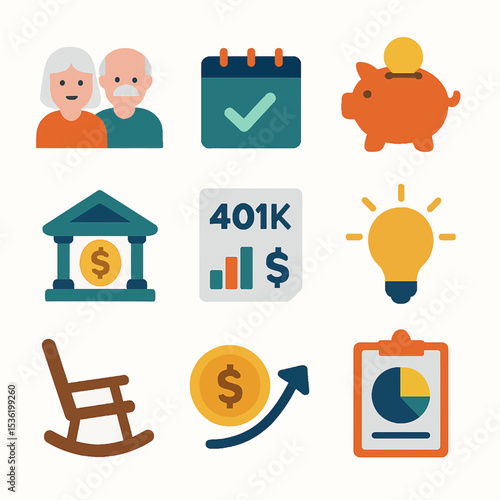 Retirement planning icons: elderly couple, savings, 401k, financial growth, and retirement lifestyle symbols.