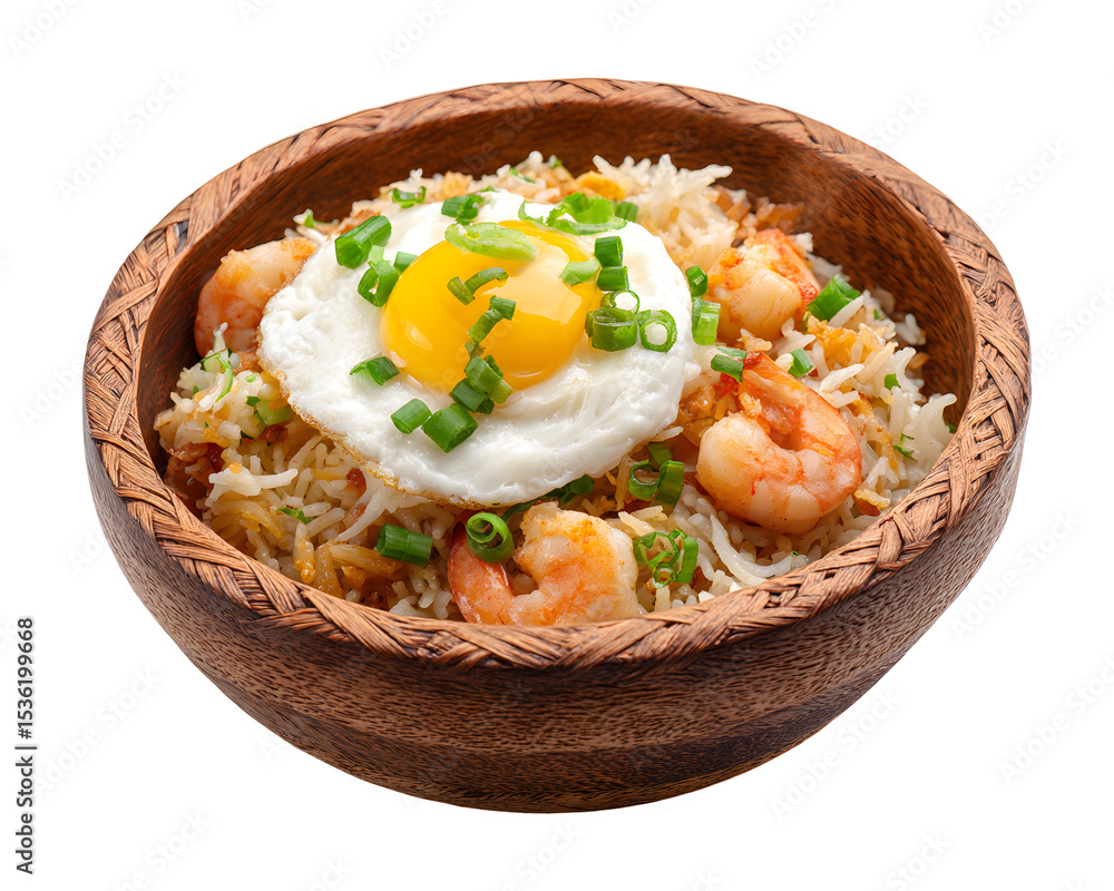 Delicious shrimp fried rice with egg and vegetables served in traditional bamboo basket isolated on transparent background Delicious shrimp fried rice with egg and vegetables served in traditional bamboo basket isolated on transparent background