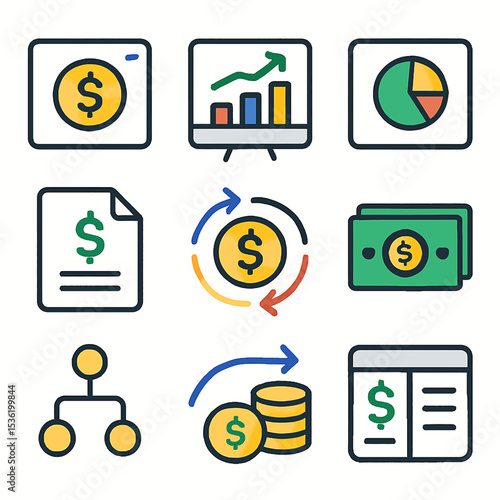 Colorful financial icons representing various aspects of money, investment, and growth.
