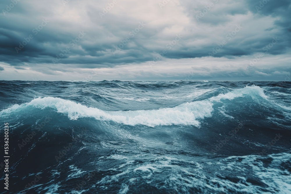 Fototapeta premium Rolling ocean waves crash under a dramatic cloudy sky near the horizon during an overcast day, Rolling ocean waves under cloudy sky