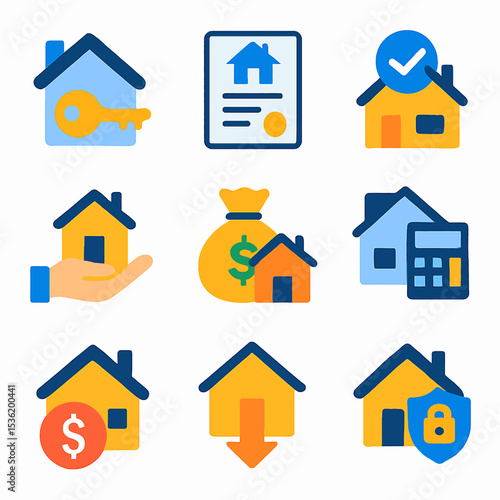 A collection of colorful flat icons representing various aspects of home ownership, including keys, documents, money, and security.