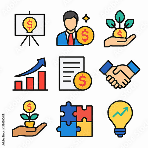 Business icons depicting financial growth, collaboration, and investment.