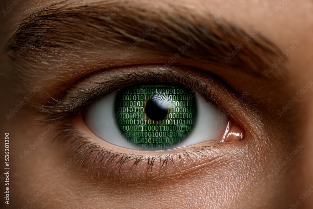 Obraz premium Close-up of eye with binary code reflection in pupil