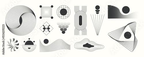Abstract minimal element mid century vector set. Aesthetic contemporary stripe line art, geometric shape in monochrome. Art form design for wall art, decoration, wallpaper. 