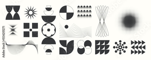 Abstract minimal element mid century vector set. Aesthetic contemporary stripe line art, geometric shape in monochrome. Art form design for wall art, decoration, wallpaper. 