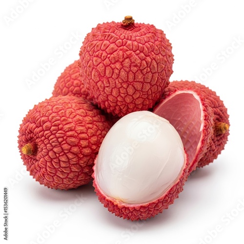 Fototapeta Naklejka Na Ścianę i Meble -  Fresh Lychee Fruits with Pealed Flesh Isolated on White