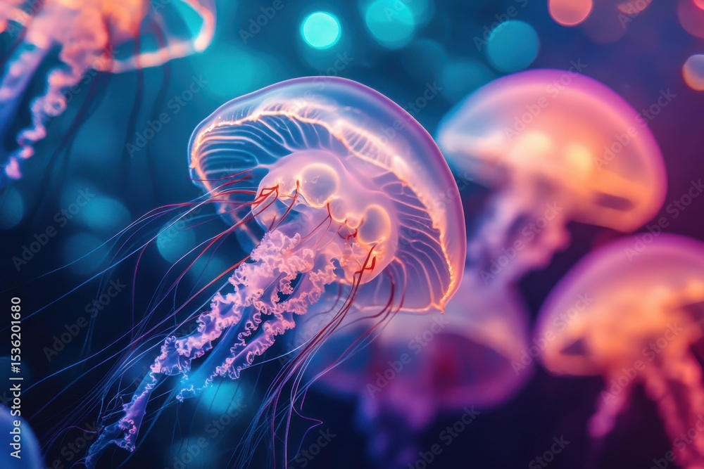 Fototapeta premium Vibrant jellyfish floating gracefully in a colorful aquatic environment at twilight, very beautiful colorful jellyfish seamless ing time lapse virtual Photo Background