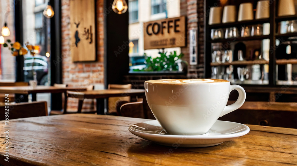 Fototapeta premium Two Cups of Coffee with Latte Art on a Wooden Table in a Crowded Cafe