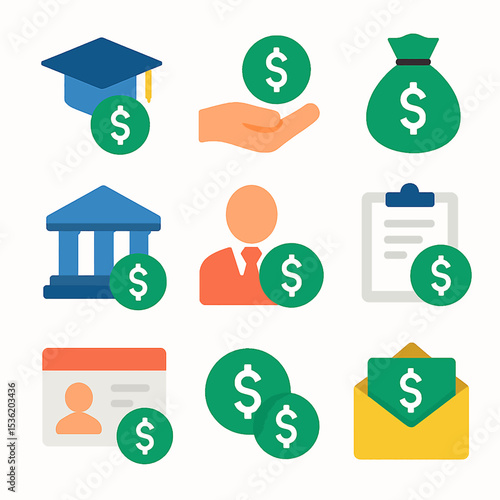 Collection of financial icons representing various aspects of money and investment.