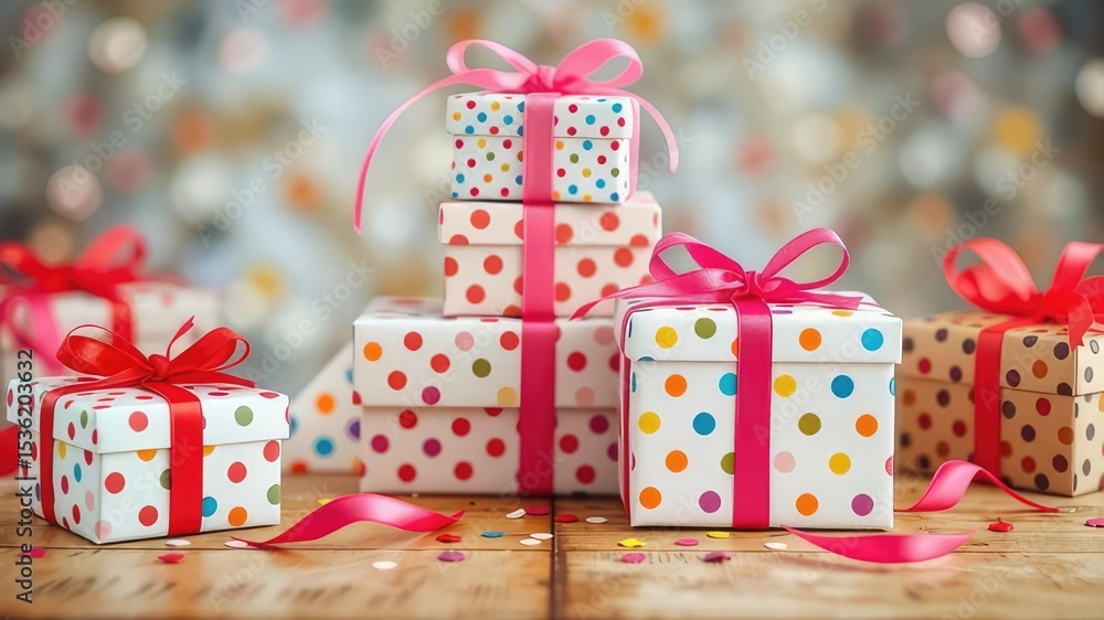 Obraz premium Colorful Birthday Gift Stack on Wooden Table