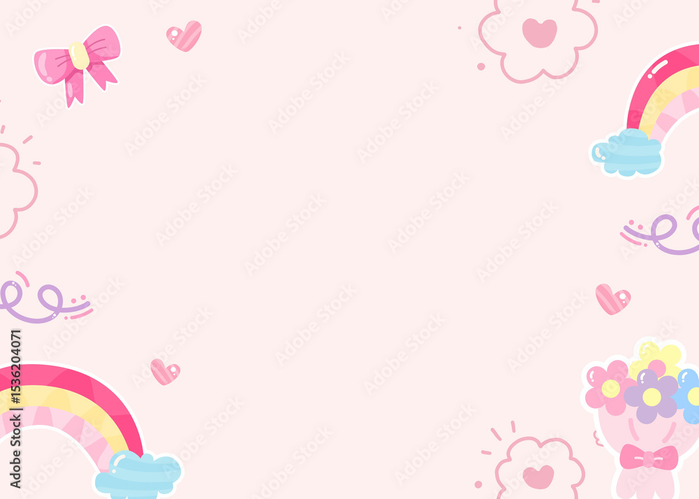 Delightful pastel pink background featuring rainbows, flowers, bows, and hearts ideal for various designs. Delightful pastel pink background featuring rainbows, flowers, bows, and hearts ideal for various designs.