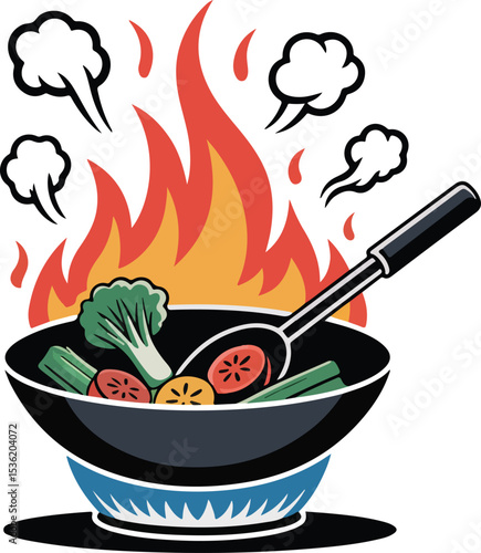 Cooking Fresh A steaming wok bursts with vibrant vegetables, sizzling over an open flame in a sizzling culinary adventure