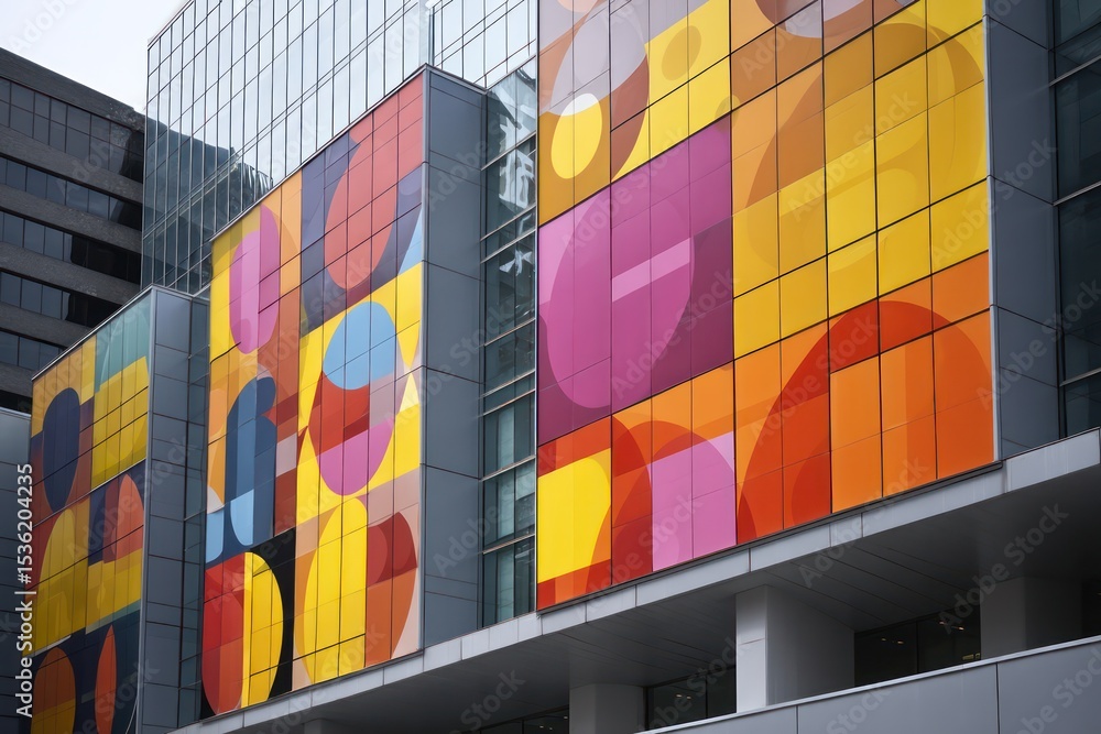 Fototapeta premium Building exterior with bold geometric designs, including circles and squares, set in a cityscape.