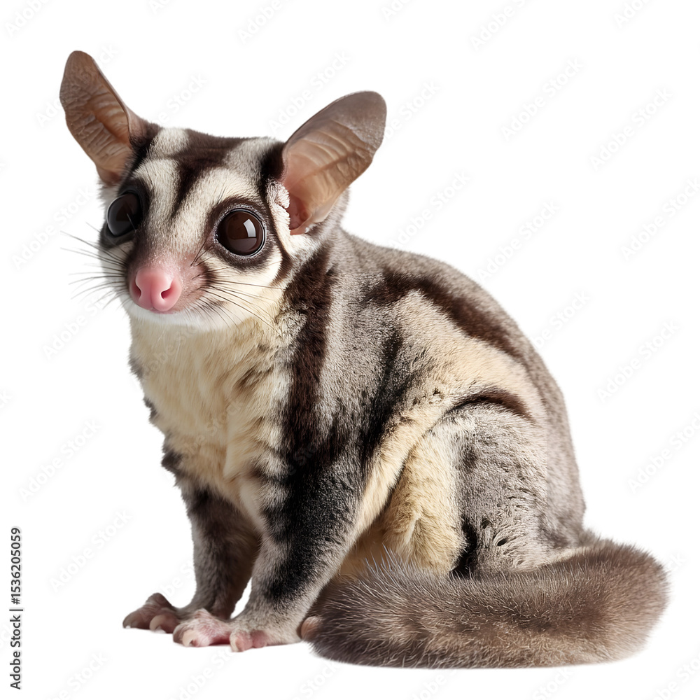 Fototapeta premium A cute sugar glider sitting gracefully, showcasing its large eyes and fluffy tail against a plain background