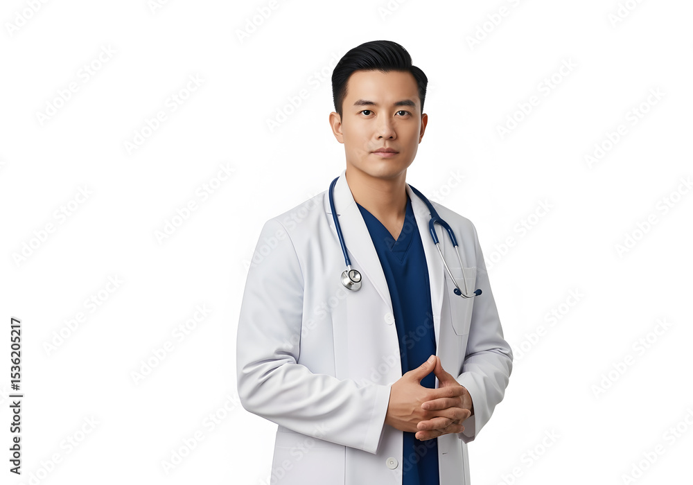 Confident Asian doctor with stethoscope or folded hands standing alone on white background. Confident Asian doctor with stethoscope or folded hands standing alone on white background.