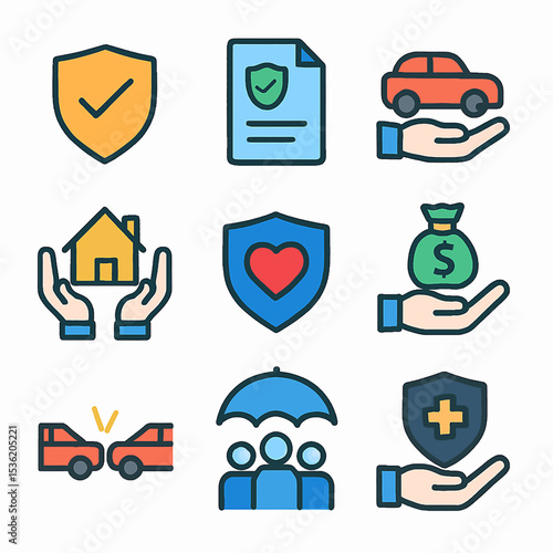 A collection of insurance-related icons, depicting various protection concepts and scenarios.