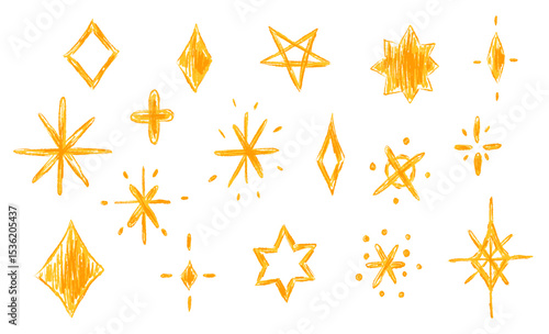 Christmas star iconst drawn with crayon or chalk brush texture in pastel yellow color. Xmas texture illustration