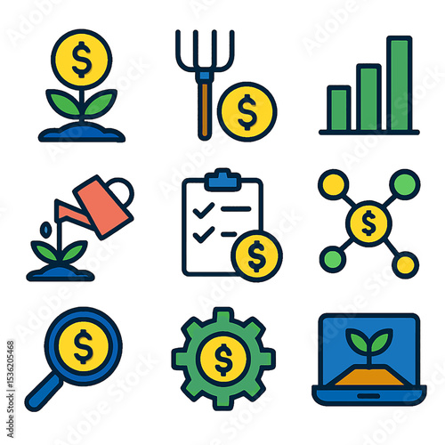 A set of icons representing financial growth, investment, and business development concepts.